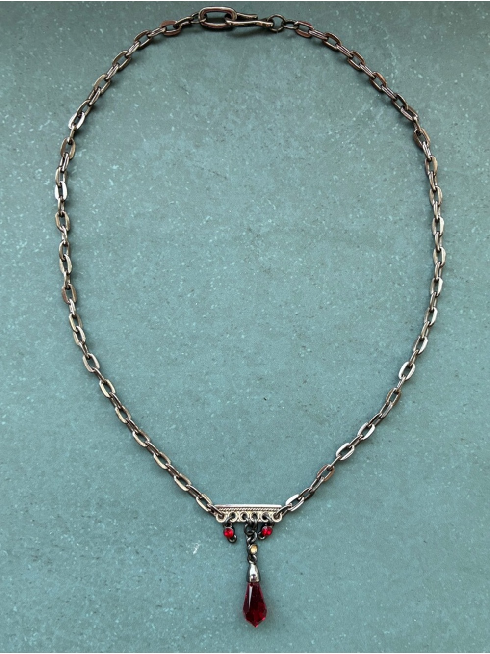 Upcycled Silver Necklace with Red Teardrop Pendant